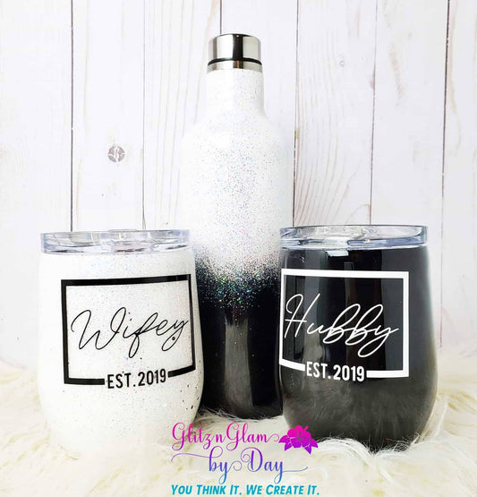 Wifey Hubby Wine Tumbler set, Anniversary tumbler, wedding giftset, glitter wine set, bridal gift - Glitz N Glam By Day LLC